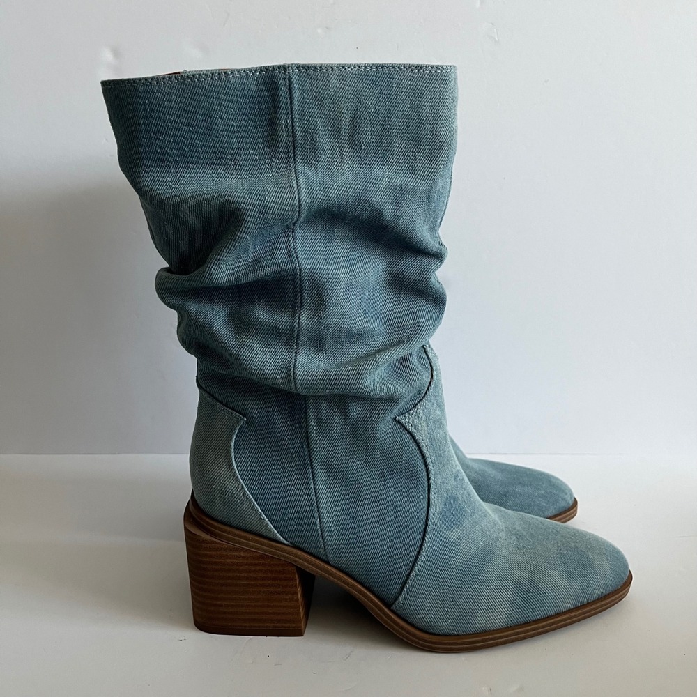 Vince Camuto Kenidra Blue Denim Slouch Boots Block Heel Western Pointed Toe 9.5W